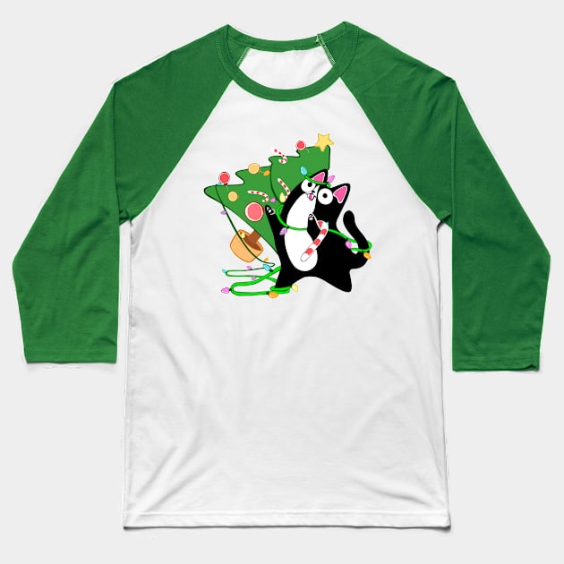 Christmas Tuxedo Cat knocks over tree funny holiday kitty Baseball T-Shirt by BluVelvet